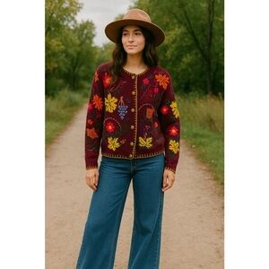 vintage Jodi Blake fall-themed embroidered cardigan